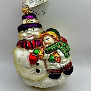 VTG Fraga Snowman & Child Christmas Ornament Glass BLOWN Glitter Art 5.5” POLAND